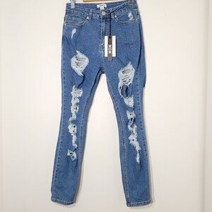 Forever 21 NEW Skinny Denim Blue Mom Jeans Distressed Destroyed High Waist 3 NWT